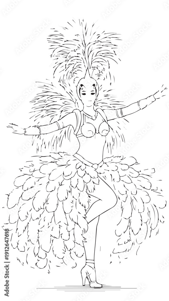 Fototapeta premium Vibrant dancer in feathered carnival costume performing on stage.