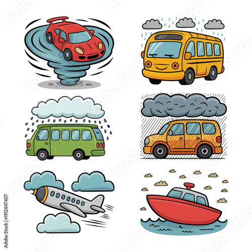 Vehicular Weather Woes: A whimsical illustration showcases a variety of vehicles encountering challenging weather conditions, creating a playful and imaginative scene.
