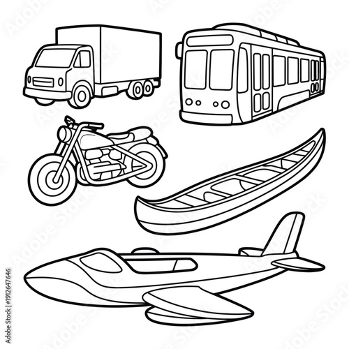 Transportation Sketch: A collection of various vehicles and modes of transport, illustrated in a clean, graphic style, perfect for educational or design purposes.