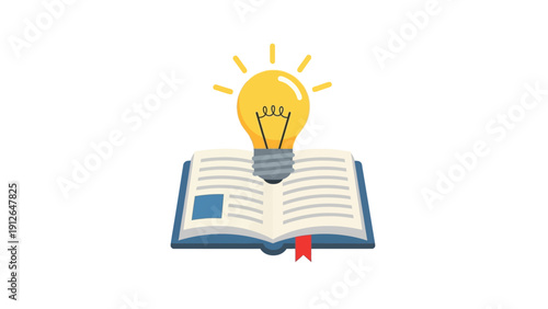 Book with Glowing Lightbulb Icon. Knowledge, Education, and Creative Idea Generation Concept. Flat Vector Illustration on White Background.