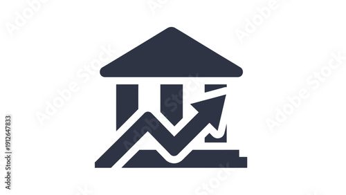Financial Growth Icon: Bank Building or Corporate Headquarters Symbolized with Upward Stock Market Chart and Success Arrow