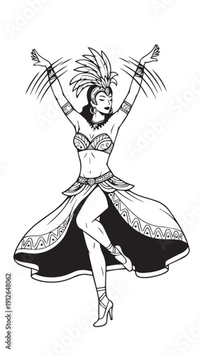 Stylized burlesque dancer in feathered headdress performing with arms raised.