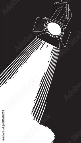 Monochrome Spotlight Illustration with Beam of Light on Dark Background.