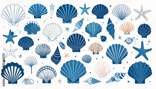 Assorted ocean shells and starfish arranged in a visually appealing pattern on a clean background