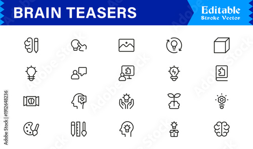 Brain Teasers And Puzzle Challenges Professional Line Icon Set – Minimal Modern Outline Collection Featuring Riddles, Logic Games, IQ Symbols, and Mind Training
