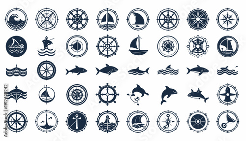 A collection of nautical symbols and marine life illustrations in dark blue on a plain background