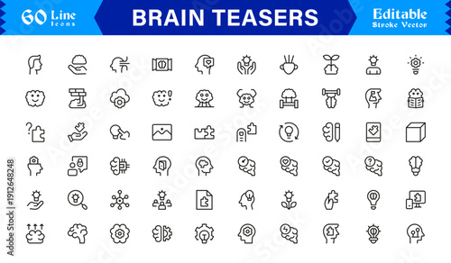 Brain Teasers And Puzzle Challenges Professional Line Icon Set – Minimal Modern Outline Collection Featuring Riddles, Logic Games, IQ Symbols, and Mind Training