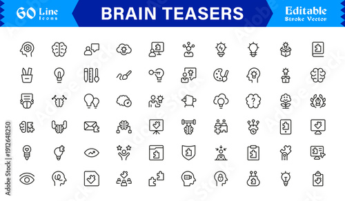Brain Teasers And Puzzle Challenges Professional Line Icon Set – Minimal Modern Outline Collection Featuring Riddles, Logic Games, IQ Symbols, and Mind Training