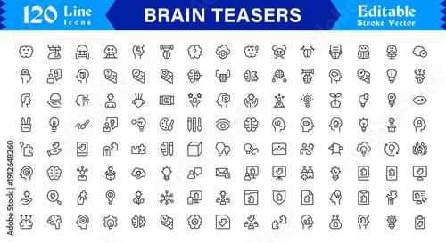Brain Teasers And Puzzle Challenges Professional Line Icon Set – Minimal Modern Outline Collection Featuring Riddles, Logic Games, IQ Symbols, and Mind Training