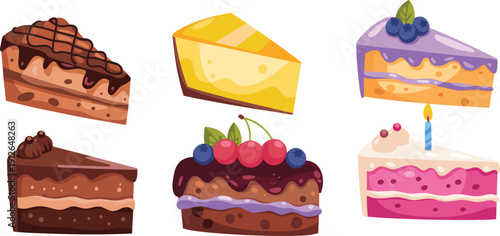 Delicious assorted cake slices set, chocolate cherry cheesecake and blueberry dessert, sweet food collection, vector illustration
