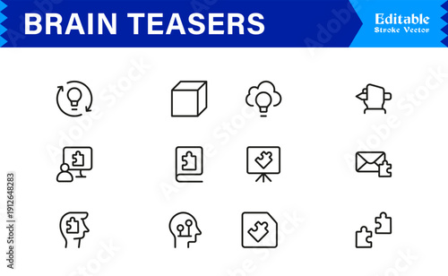 Brain Teasers And Puzzle Challenges Professional Line Icon Set – Minimal Modern Outline Collection Featuring Riddles, Logic Games, IQ Symbols, and Mind Training
