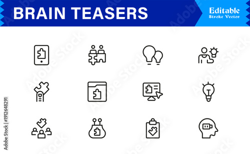 Brain Teasers And Puzzle Challenges Professional Line Icon Set – Minimal Modern Outline Collection Featuring Riddles, Logic Games, IQ Symbols, and Mind Training