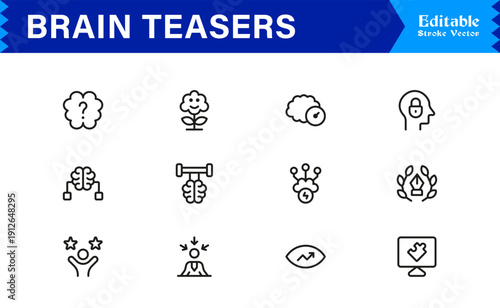 Brain Teasers And Puzzle Challenges Professional Line Icon Set – Minimal Modern Outline Collection Featuring Riddles, Logic Games, IQ Symbols, and Mind Training