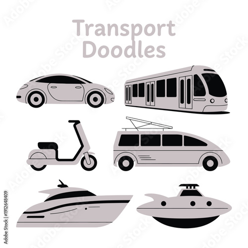 Transport Doodle Collection: A collection of various transport doodles showcasing different modes of transportation, from land vehicles to maritime vessels and beyond.