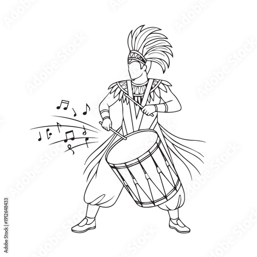 Energetic drummer wearing traditional attire performing with drum on stage.