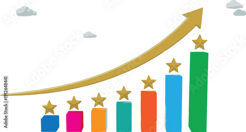 Business growth rating concept vector illustration with rising bar chart, star performance levels, upward arrow, success metrics, achievement progress, and analytics