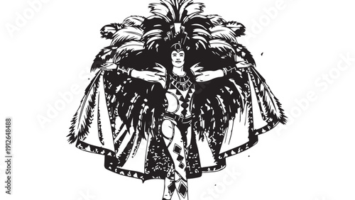 Illustration of a Native American feathered headdress worn by a figure, detailed black and white portrait with tribal motifs.