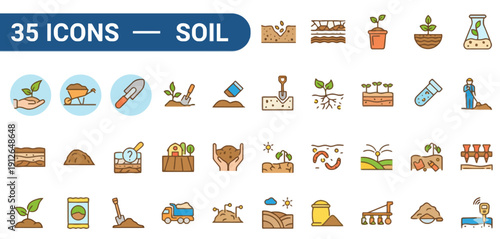 Collection of various soil-related icons depicting different aspects of soil science and gardening activities in a flat design style