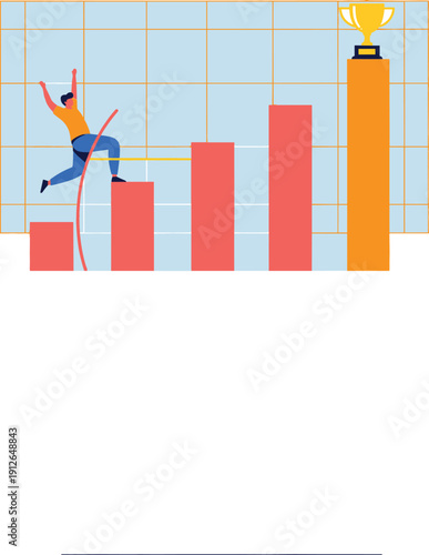 Business growth success vector illustration showing man jumping across rising bar chart toward trophy, career progress, achievement goals, performance improvement, and motivation concept