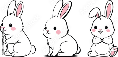 Easter sunday vector illustration of three adorable white rabbits with pink ears and rosy cheeks, cute easter bunny vector set