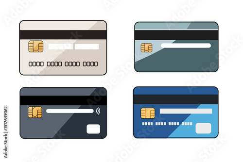 Flat Vector Credit Card Icon Set with Chips and Magnetic Strips