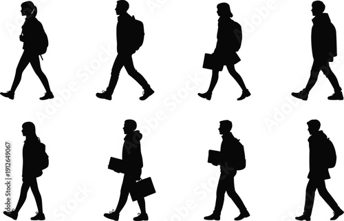Walking people silhouette collection, students and commuters with backpacks and books, urban lifestyle movement concept, black flat vector illustration