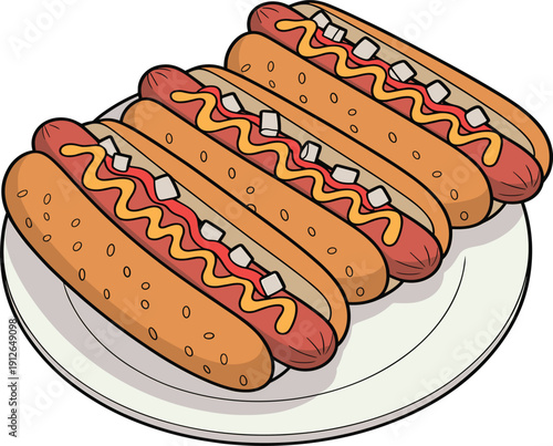 Delicious grilled hot dogs with mustard and ketchup on plate, tasty fast food vector illustration