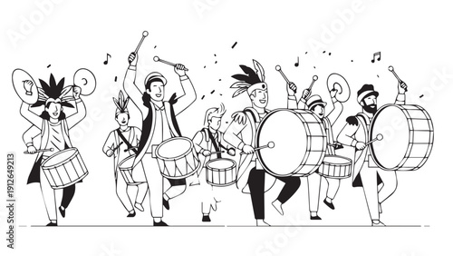 Animated black and white illustration of a lively marching band with drummers and dancers in a parade.