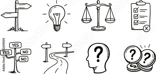 Hand drawn business decision icons set featuring light bulb idea scales of justice path options and question mark symbols for strategy.