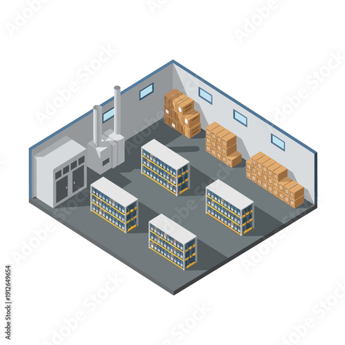 Isometric Warehouse Storage Facility with Cardboard Boxes and Shelves.