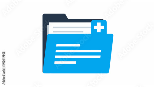 Electronic Health Record (EHR) Folder Icon. Flat Design Illustration of Patient Medical File with Add Plus Sign for New Data.