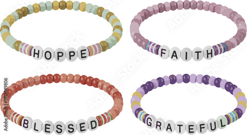 Positive affirmation beaded bracelet vector illustration set with hope faith blessed grateful words, inspirational jewelry design, self care and mindfulness concept