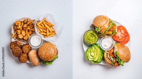versus. Comparison of nutritious and less healthy food options arranged in separate groups. menu design, packaging mockups, designed for food delivery and cloud-kitchen brand materials.