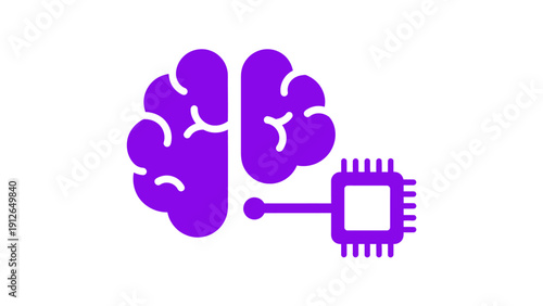 Artificial Intelligence Brain and CPU Chip Connection Icon. Machine Learning Technology Symbol in Purple.