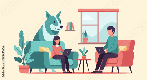 Two people and a dog relax indoors, working on laptops with plants