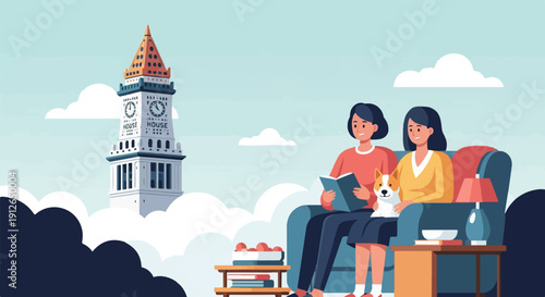 Two people and a dog relaxing on a sofa with a clock tower in the background