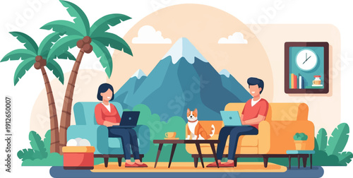 Two people and a dog relax indoors with laptops, a scenic mountain view outdoors