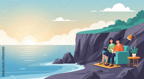Two people and a dog relax on a cliff overlooking the ocean at sunset