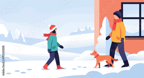 Two people and a dog walking in a snowy winter landscape with a house