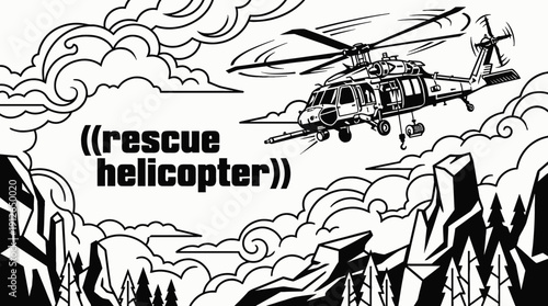 rescue helicopter aviation aircraft rotor flight across cloudy sky at medium altitude over distant horizon showing emergency transport aerospace engine pilot air mission