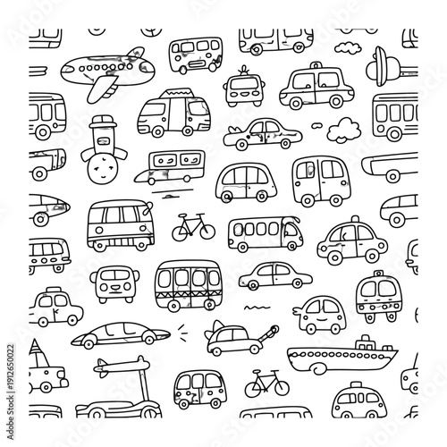 Whimsical Transport Doodle: A playful pattern of sketched transport icons, from air travel to land vehicles, and sea vessels, offers a charming illustration of everyday movement.