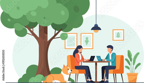 Two people and a dog work outdoors under a large tree with plants