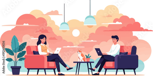 Two people and a dog work on laptops in a cozy room with a sunset backdrop