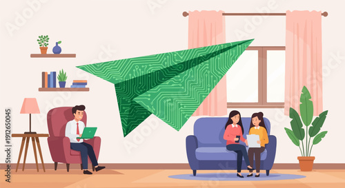 Two women and a man in a room with a large green paper airplane