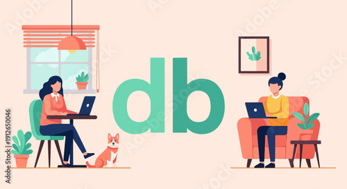 Two people working on laptops at home with a dog and plants