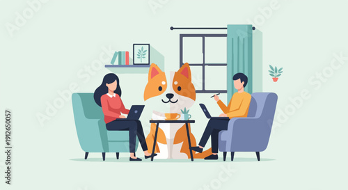 Two people and a dog working on laptops in a cozy room