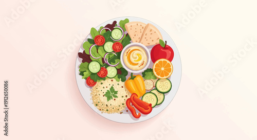 Vibrant plate of healthy food, salad, quinoa, hummus, and fruit