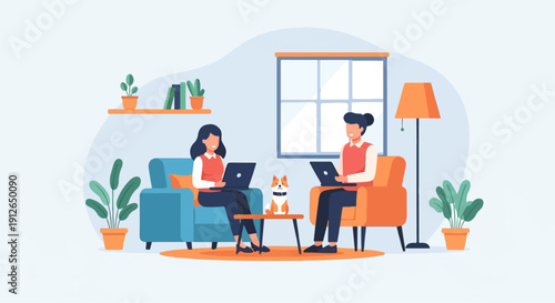 Two people working on laptops at home with a dog and plants (1)