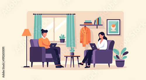 Two individuals working on laptops in a comfortable living room setting