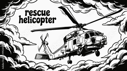 rescue helicopter aviation aircraft rotor flight across cloudy sky at medium altitude over distant horizon showing emergency transport aerospace engine pilot air mission